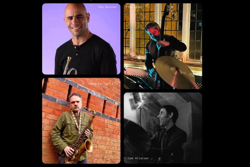 Four, square format, photographic portraits of four male jazz musicians.