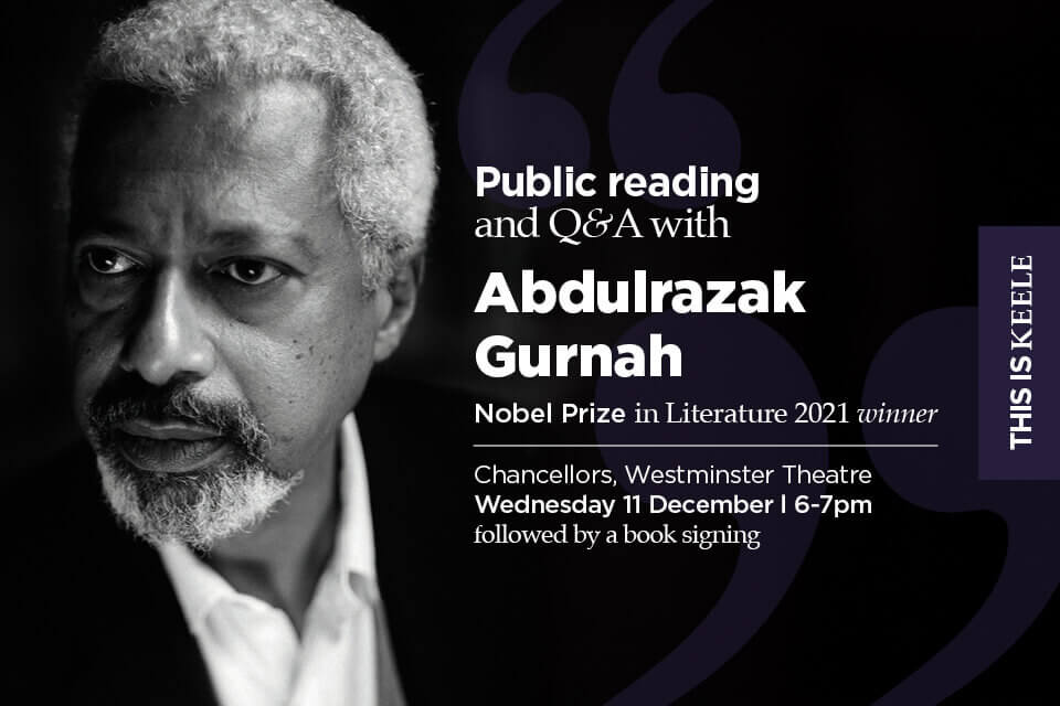 Photographic portrait of Professor Abdulrazak Gurnah with event information.