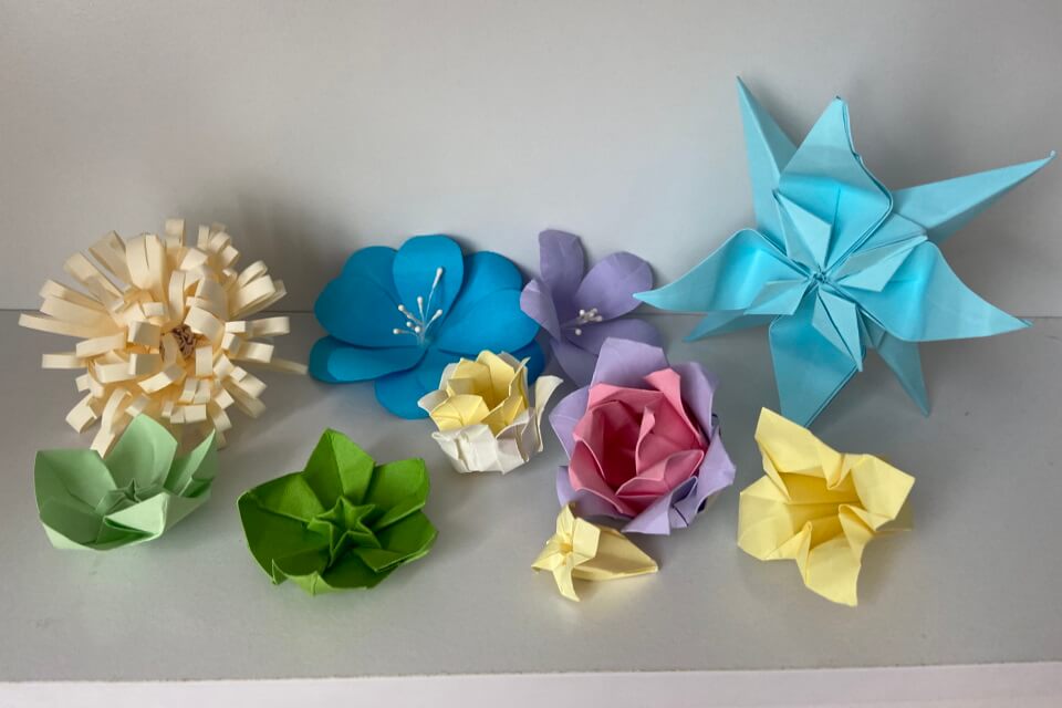 a selection of colourful origami flowers 