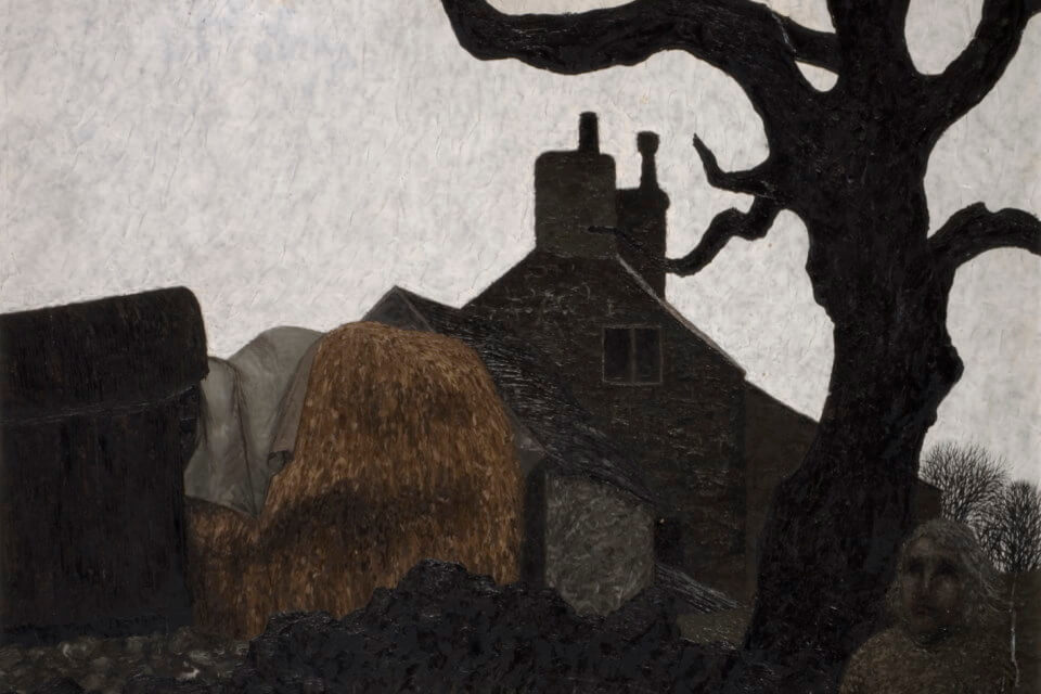 image of farm building silhouette with white sky and face appearing from the darkness 