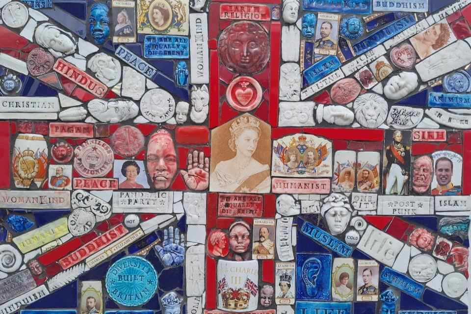 Ceramic mosaic depicting Union Jack flag.