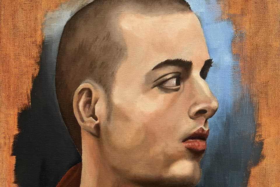 Painted profile portrait of a young man.