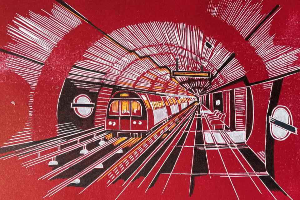 primarily red print with tube train including black highlights and white features