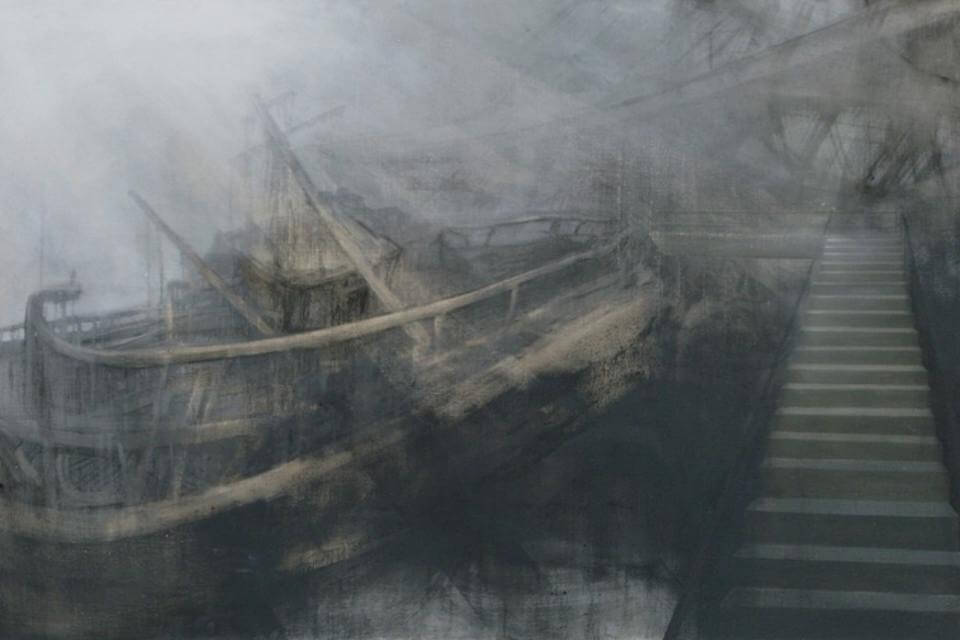 painting featuring what looks like a ship wreck and a set of steps in dark shady colours