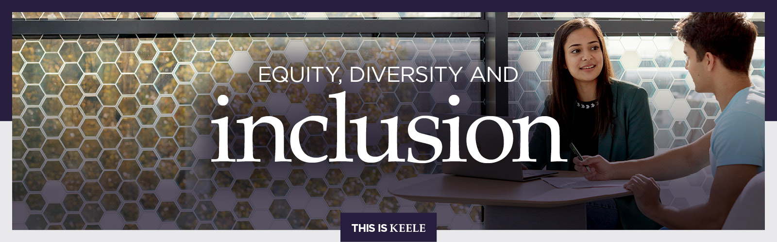 White text over a photo of two people smiling in a work setting. Text reads: Equity, diversity and inclusion