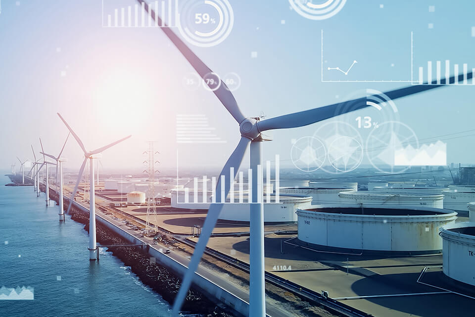 Photograph of wind turbine, with digital data icons subtly placed over the top of the image