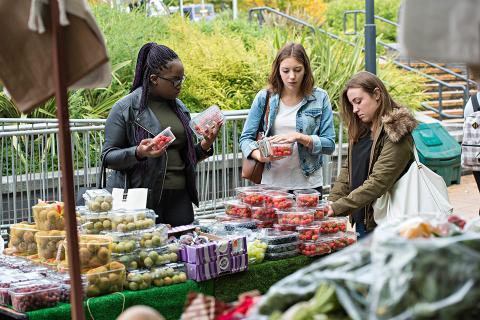 3 students shopping for fruit at a market.