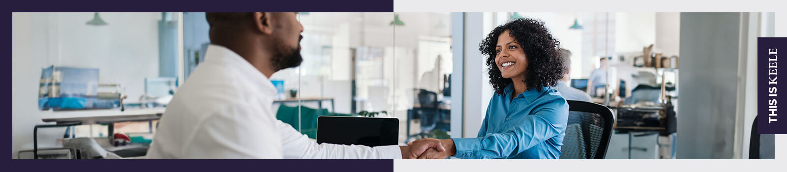 Two people shaking hands in an office environment 