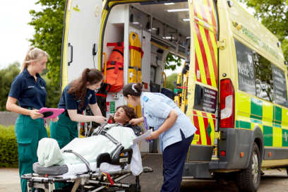 Paramedic students undertaking a simulation activity with the emergency training ambulance