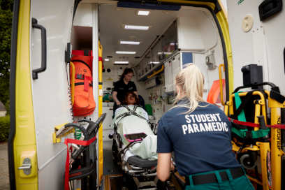 Paramedic Science students using the emergency training ambulance.