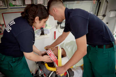 Paramedic Science students using the emergency training ambulance.