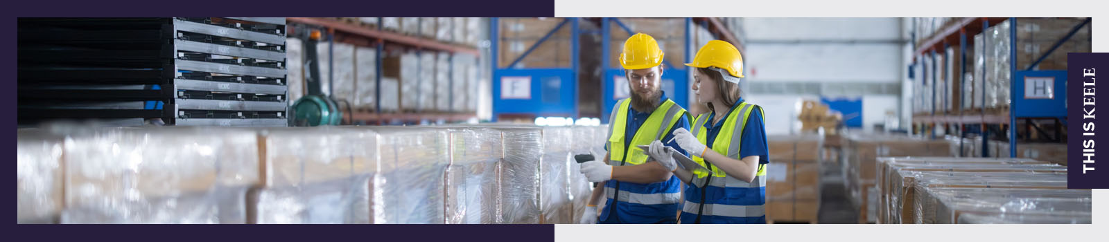 On female and one male worker in a distribution warehouse